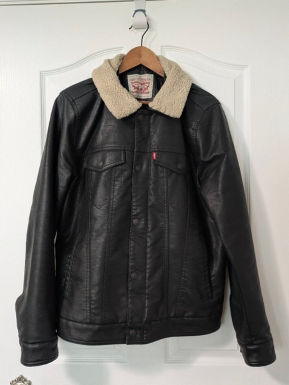 Levi Black Faux Leather Jacket with Cream Sherpa Collar